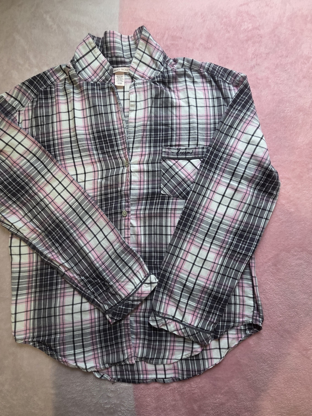 Victoria's Secret Plaid Button-Up Shirt in Black, White & Pink